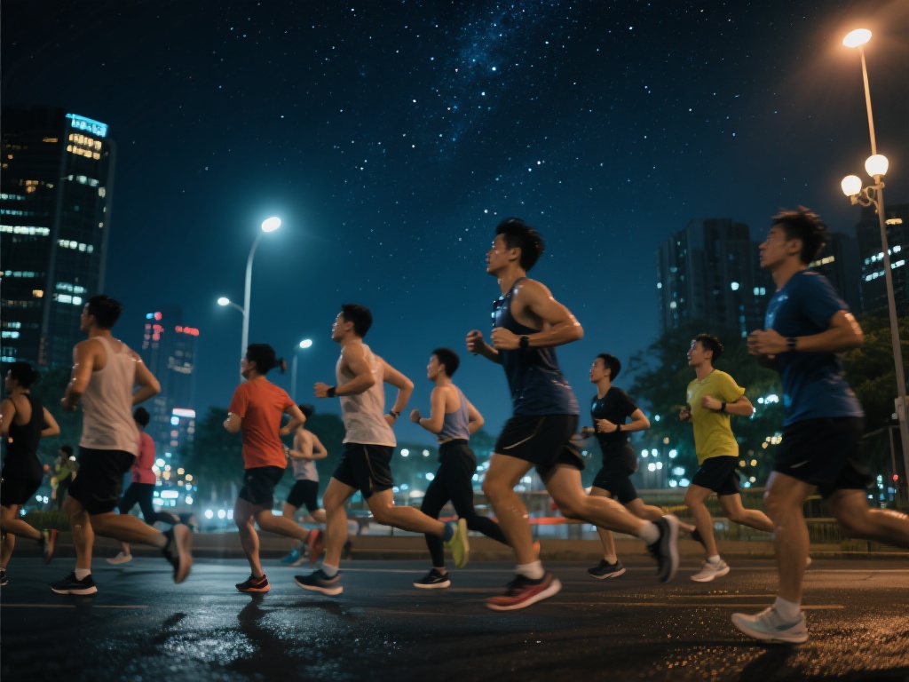在城市的夜晚，一群群跑者穿梭于灯火阑珊之间，汗水在